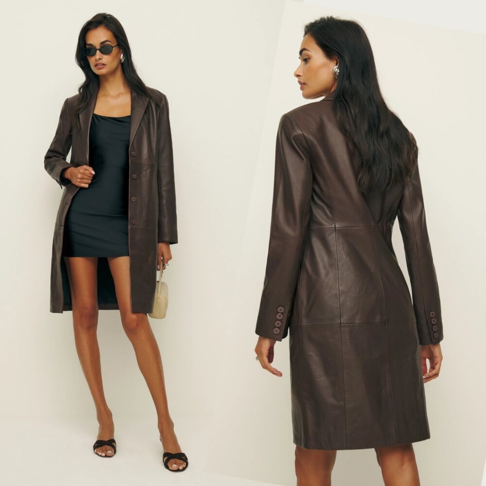 Reformation Chocolate Brown Leather Long Blazer Coat